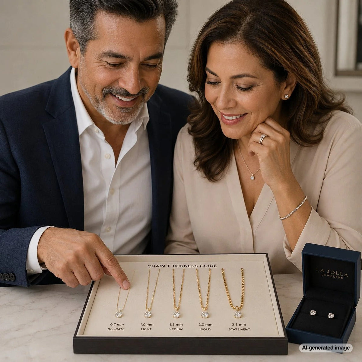 How to Choose a Chain Thickness for a Pendant - Infographic showing 1mm to 6mm+ chain widths on a model with various pendant styles at Robinson's Jewelers