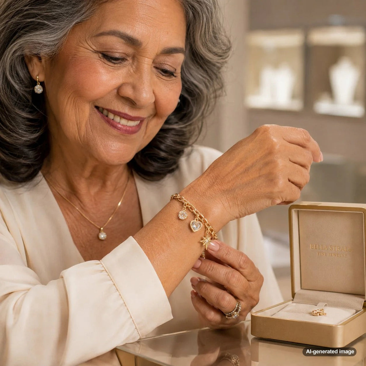 A sophisticated charm bracelet from Robinson's Jewelers, showcasing elegant gold and silver charms on a wrist.