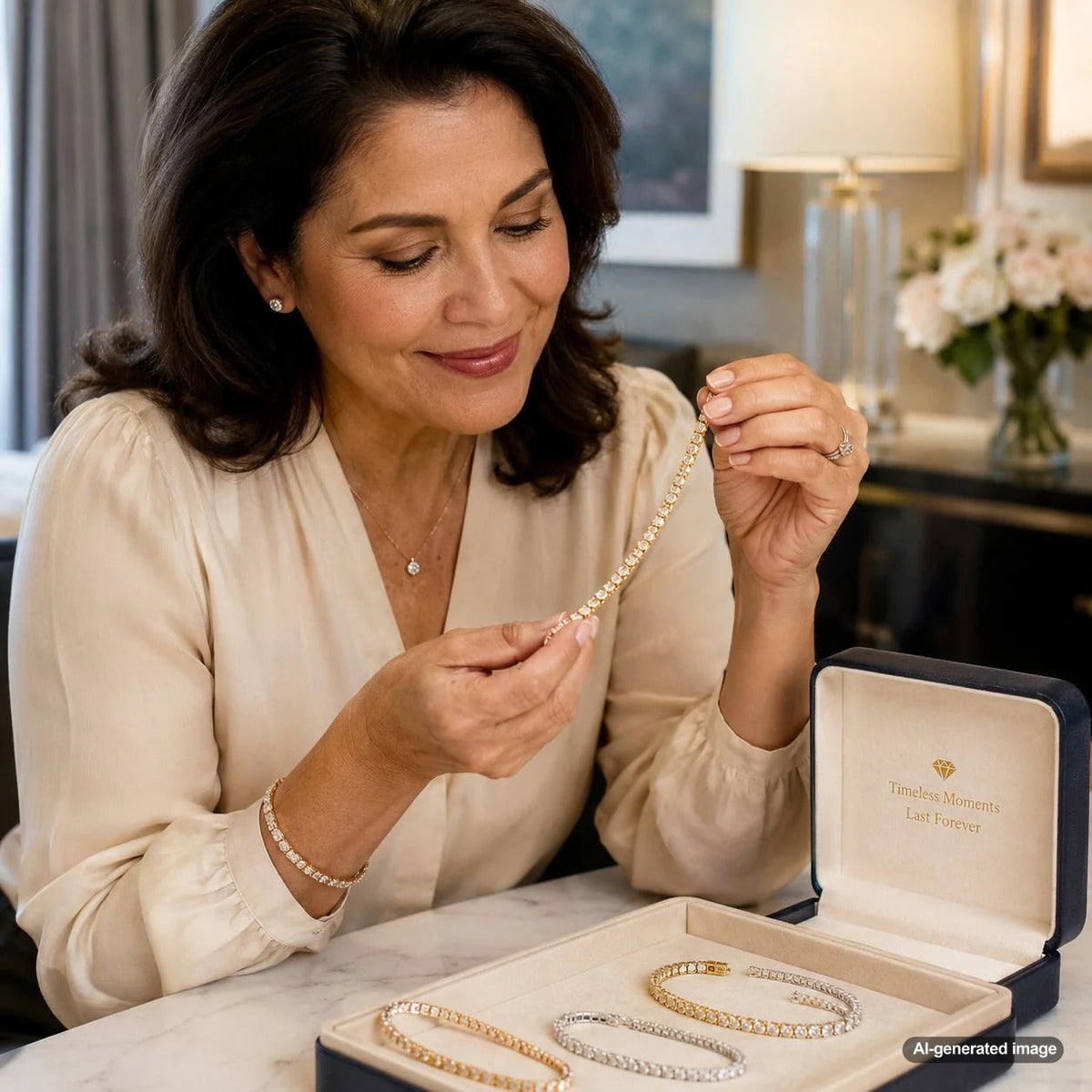 Elegant diamond tennis bracelet on a woman's wrist as an anniversary gift from Robinson's Jewelers