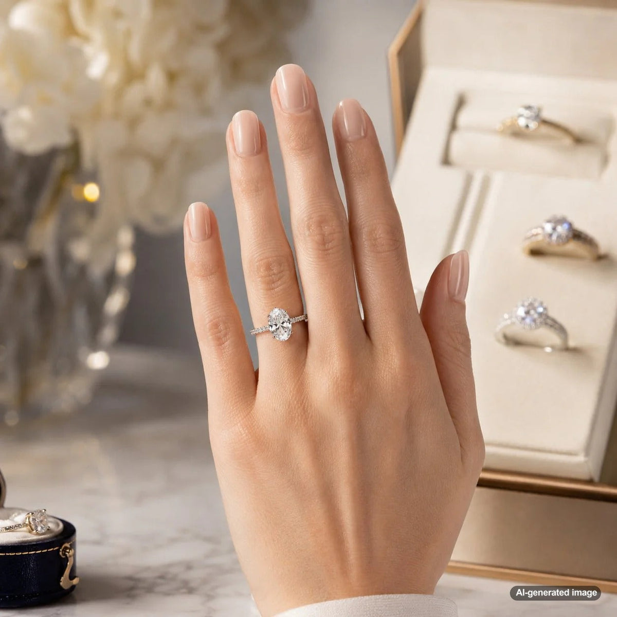 A selection of diamond rings beautifully displayed to help you choose the perfect ring for long fingers.