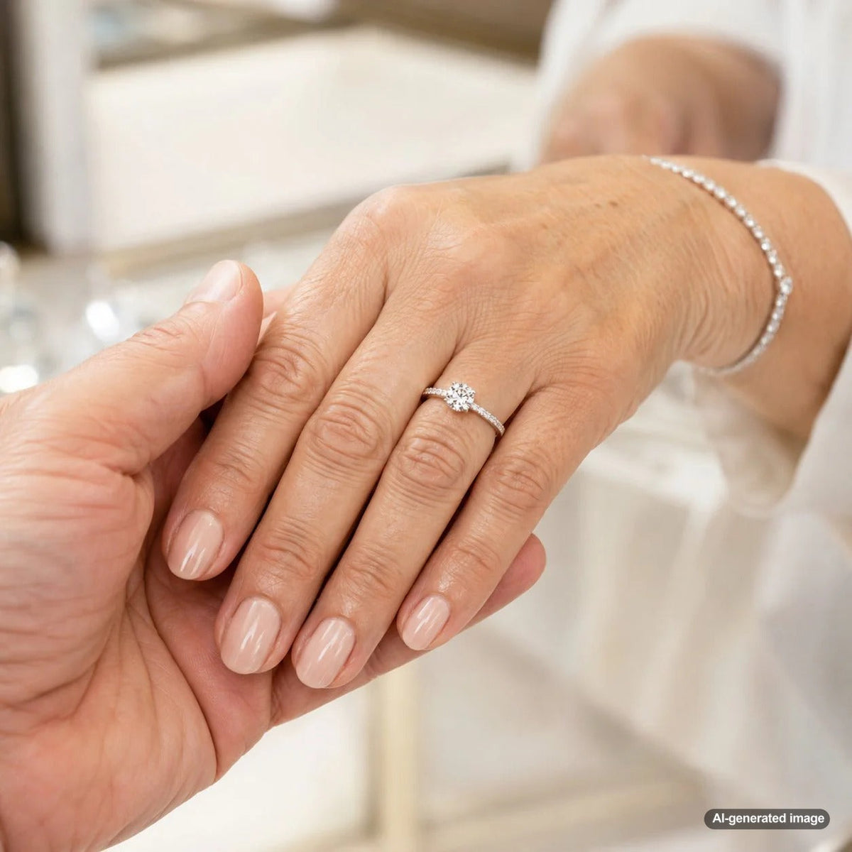 A selection of diamond rings styled on a petite hand, showcasing elegant proportions and elongated diamond shapes.