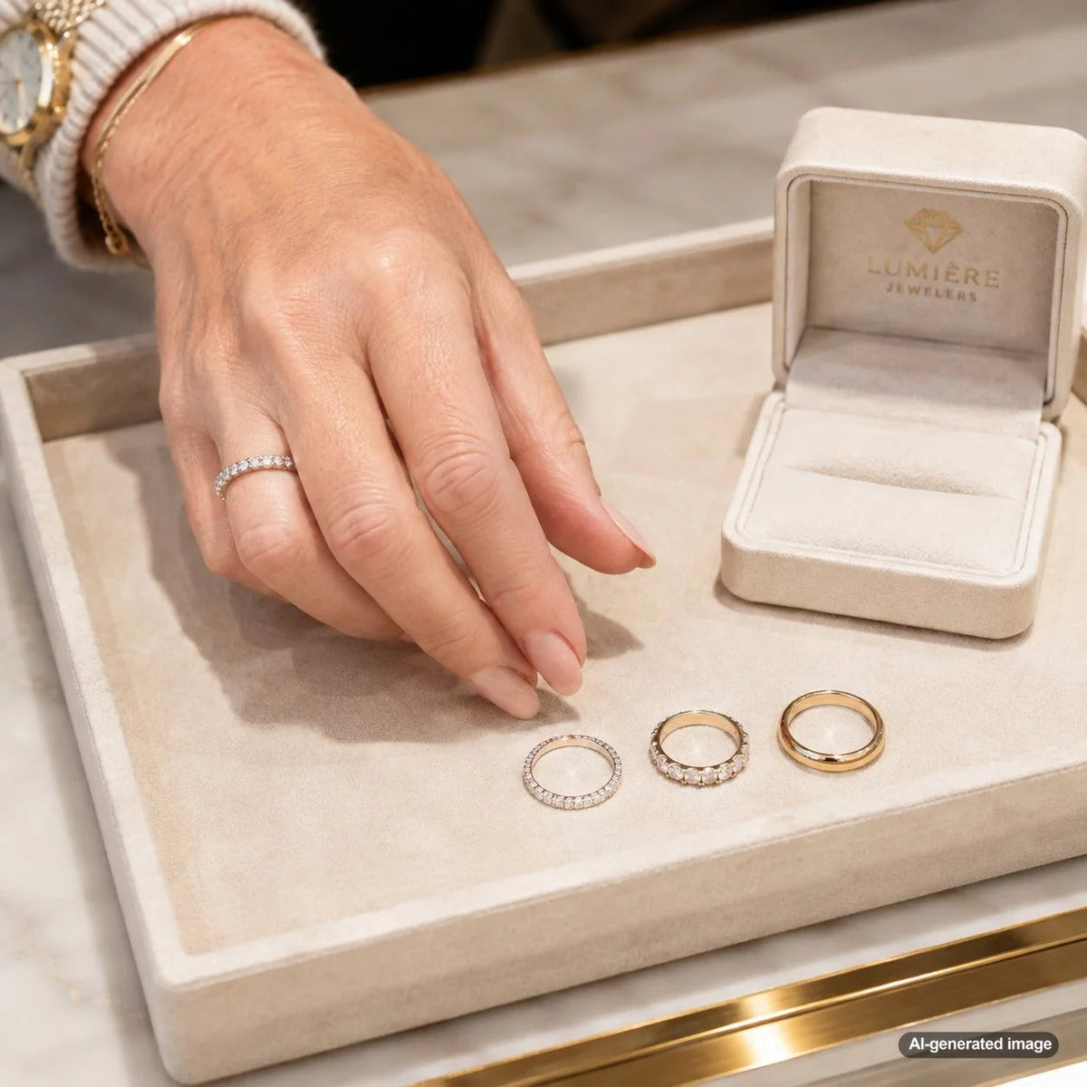 A collection of stunning diamond wedding bands for women and men displayed on a mirrored surface, showcasing various setting styles and metals.