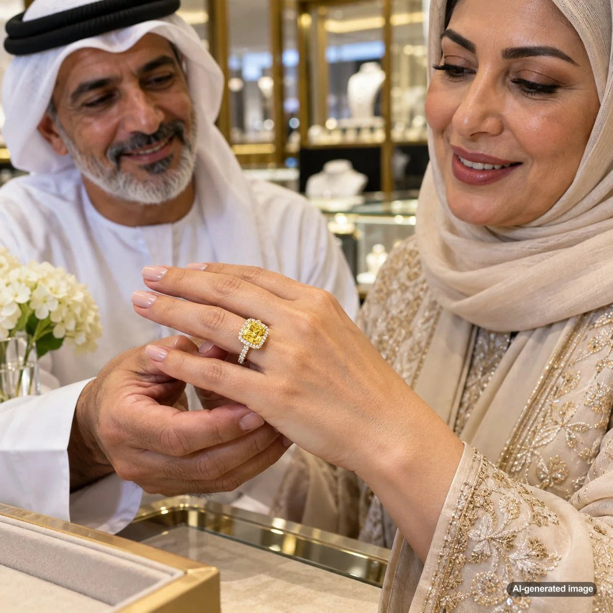 Fancy yellow diamond jewelry featuring a brilliant golden yellow gemstone in an elegant setting designed to enhance its vivid color and sparkle