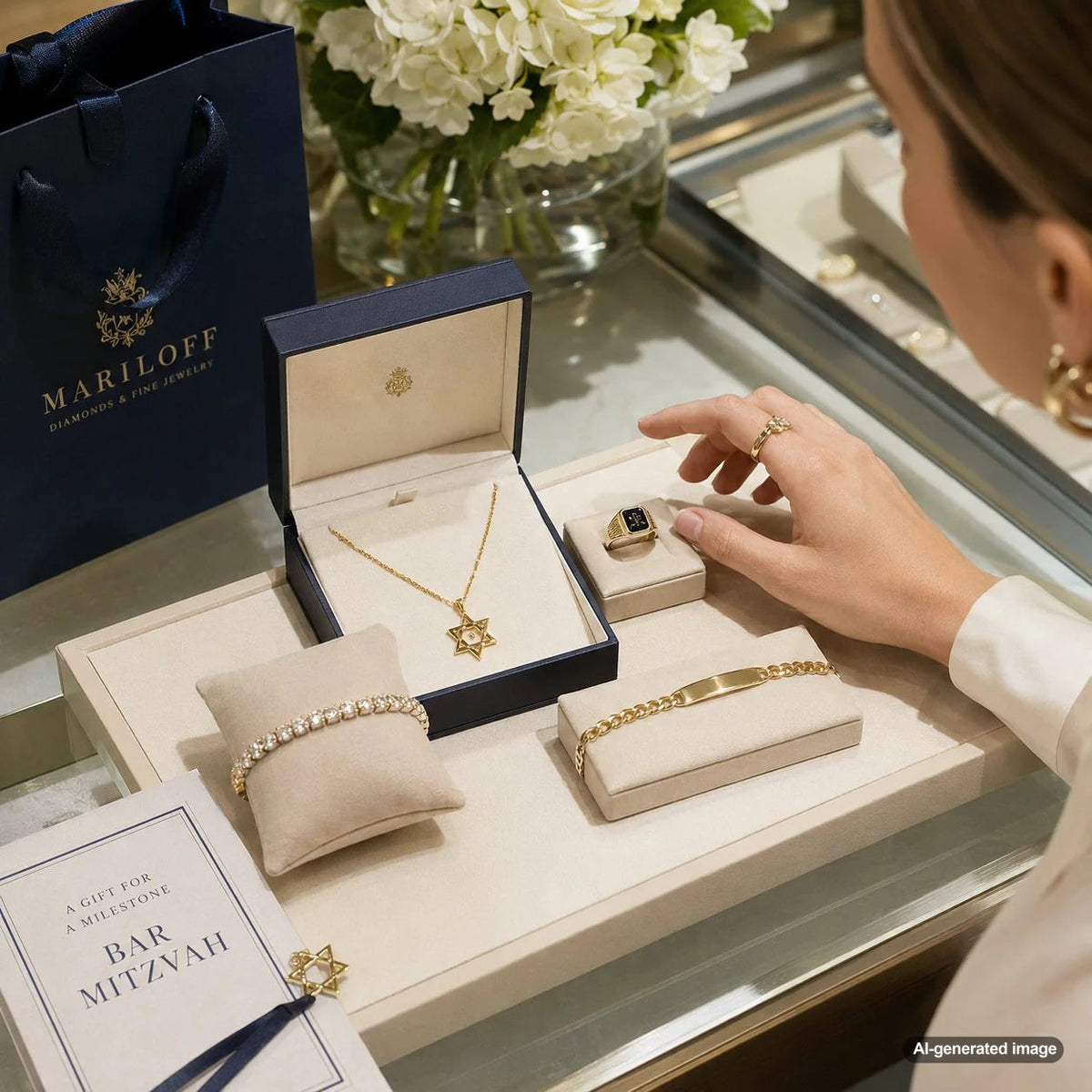 A beautiful collection of fine jewelry gifts for a Bar Mitzvah, featuring a Star of David pendant and a gold necklace