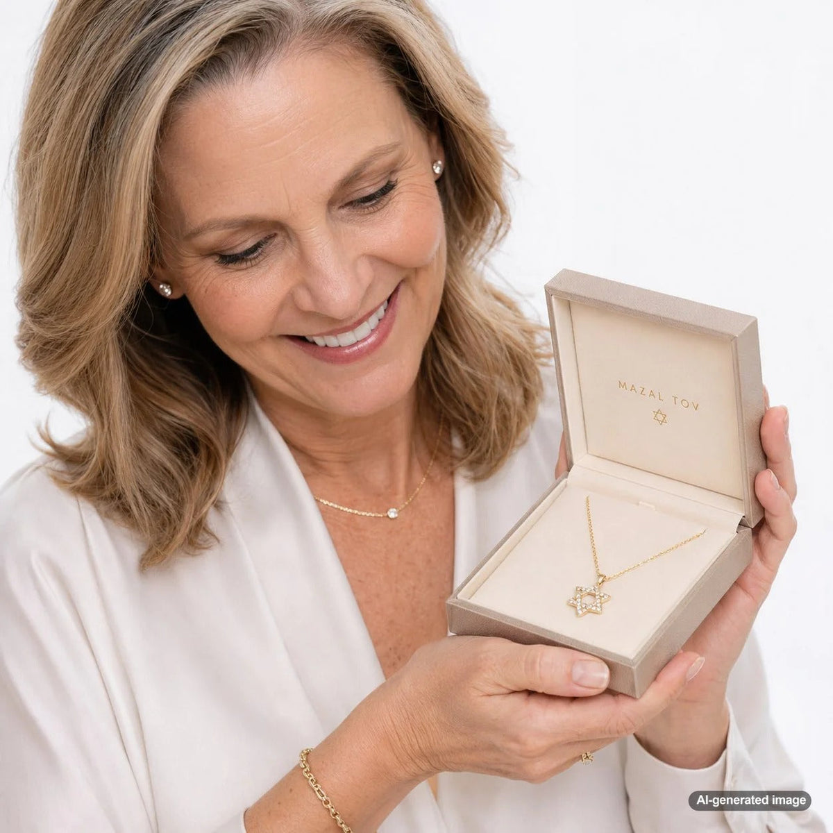 A curated selection of fine jewelry gift options for a Bat Mitzvah celebration, featuring Star of David pendants, Chai necklaces, and Hamsa bracelets on a display.