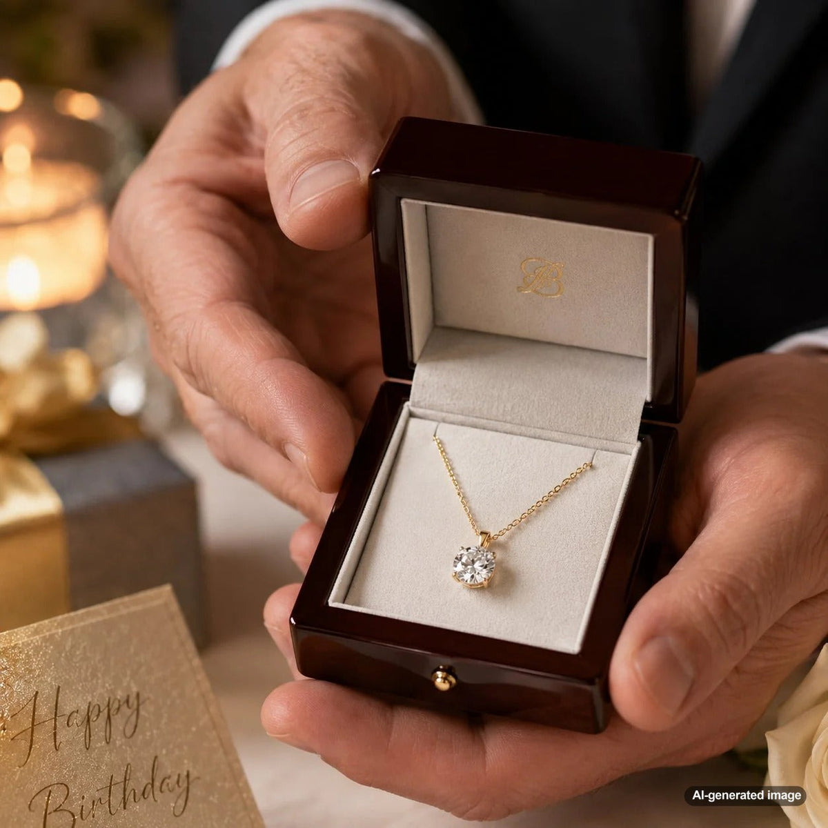 A selection of fine jewelry gifts for a milestone birthday, including a diamond necklace, earrings, and rings.