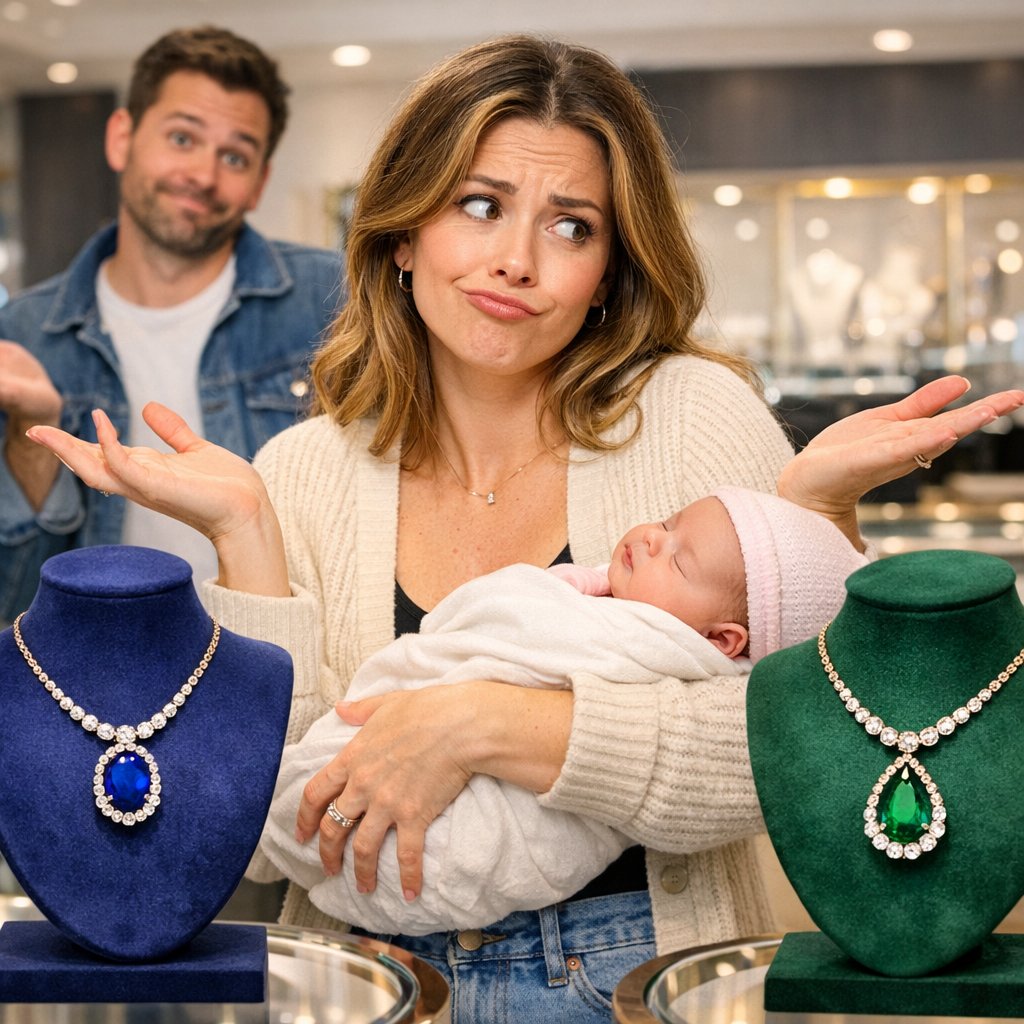 A beautiful selection of birthstone jewelry including rings and pendants with various colored gemstones, representing the choice between a mother's and baby's birthstone for a push present.