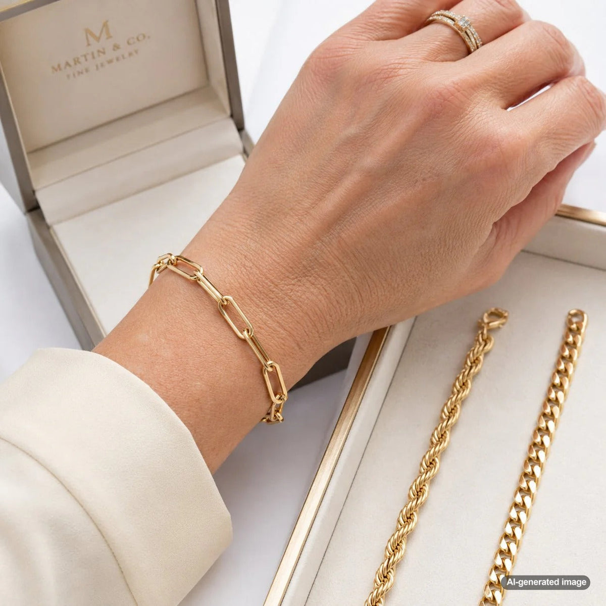 A selection of gold bracelets arranged for everyday wear, showcasing different styles and karats.