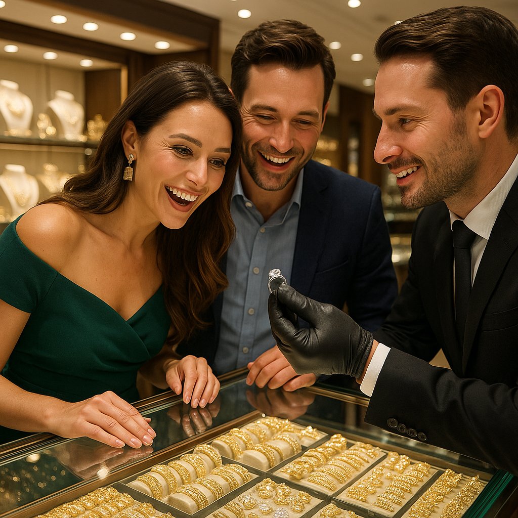 A couple happily consulting with a jeweler about a custom engagement ring design at Robinson's Jewelers