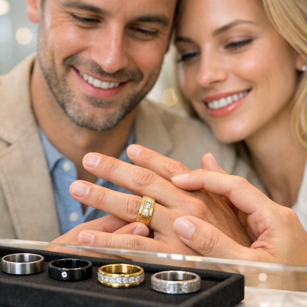 A curated selection of unique and stylish men's wedding bands on display, showcasing different metals and finishes to reflect personal style.