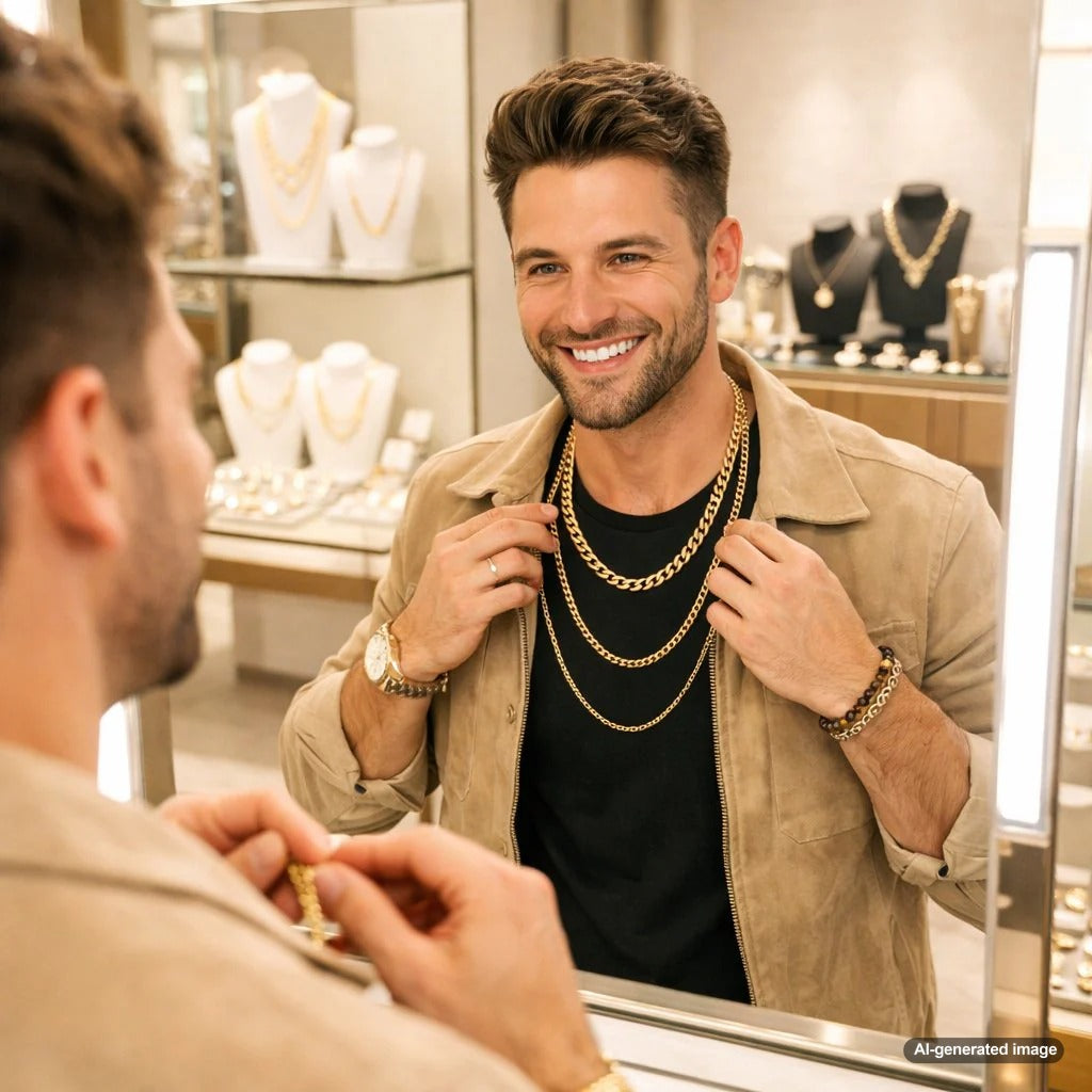 A close-up view of a man's hand adjusting the clasp of a thick, gold curb chain necklace, with a blurred background featuring other jewelry pieces, illustrating the guide to choosing men's necklace chains.