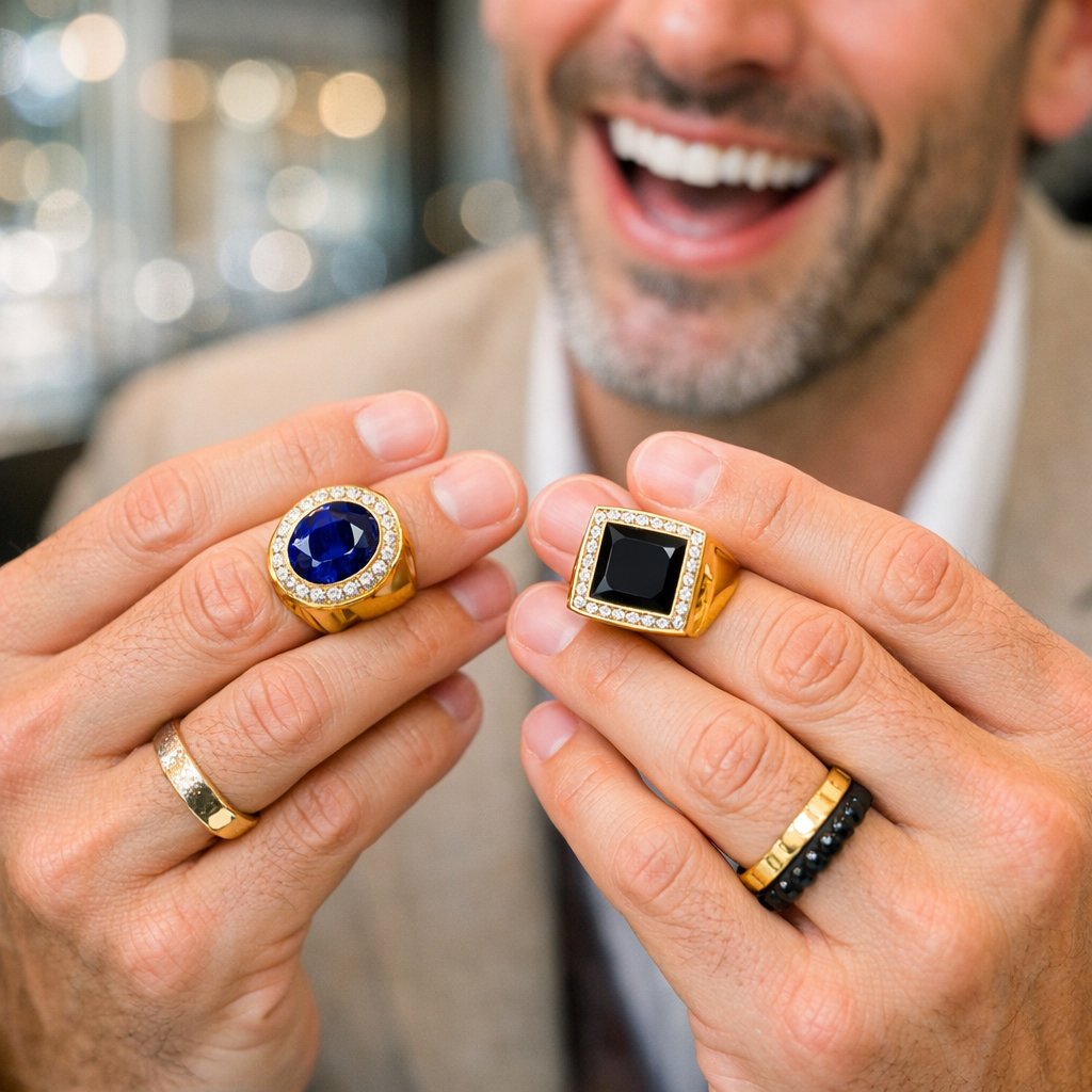 A stylish flat lay comparing an oval signet ring and a square cushion signet ring on a textured surface.