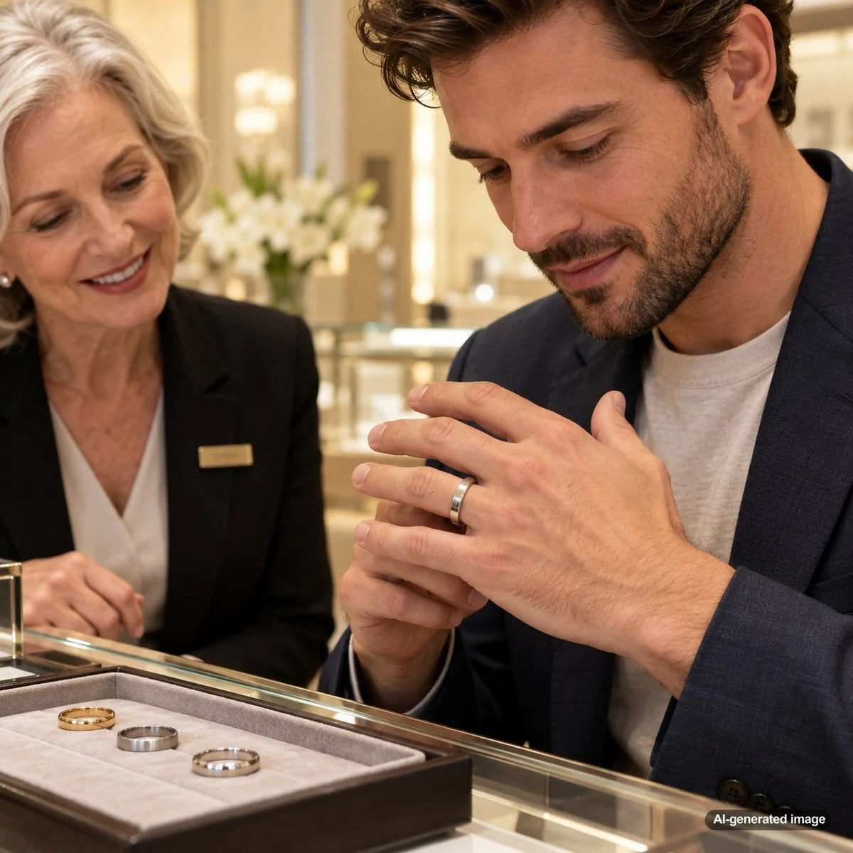 How to choose a comfortable men's wedding band for a first-time ring wearer, including ring width, metal, fit, and everyday style considerations