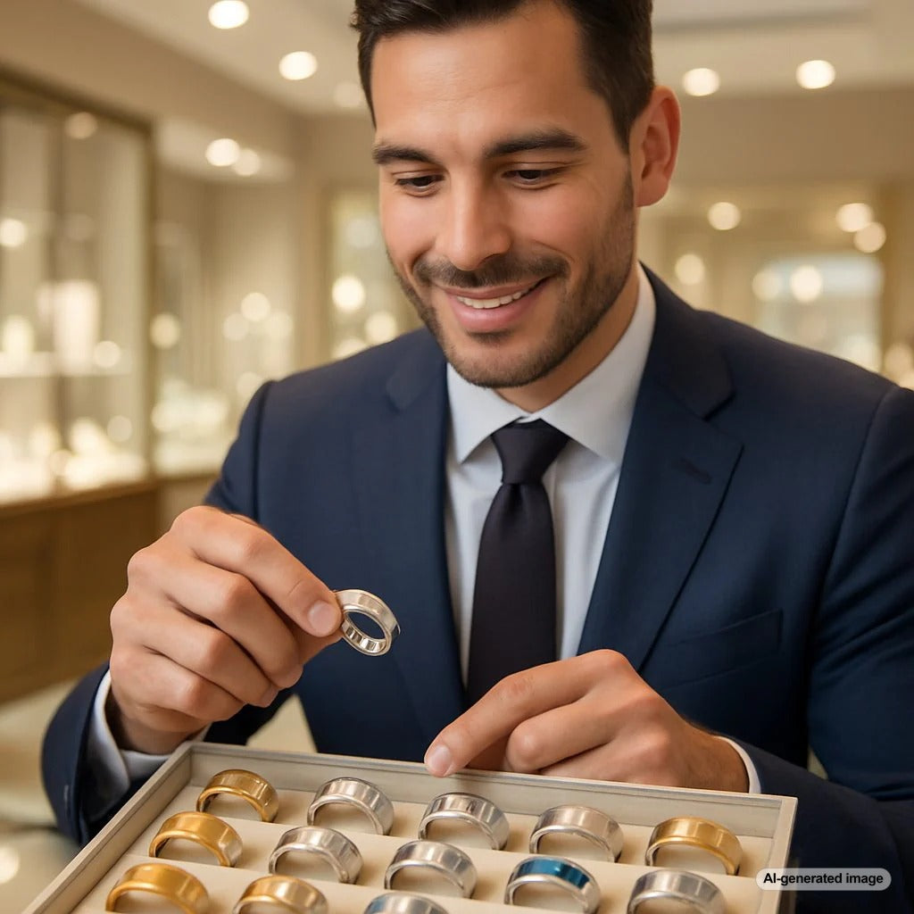 Stylish selection of men's wedding bands in various metals and styles at Robinson's Jewelers