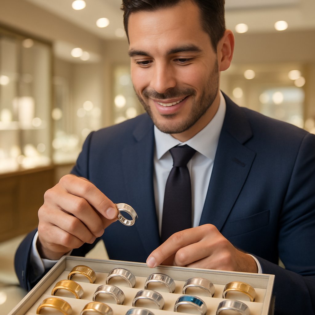 Stylish selection of men's wedding bands in various metals and styles at Robinson's Jewelers