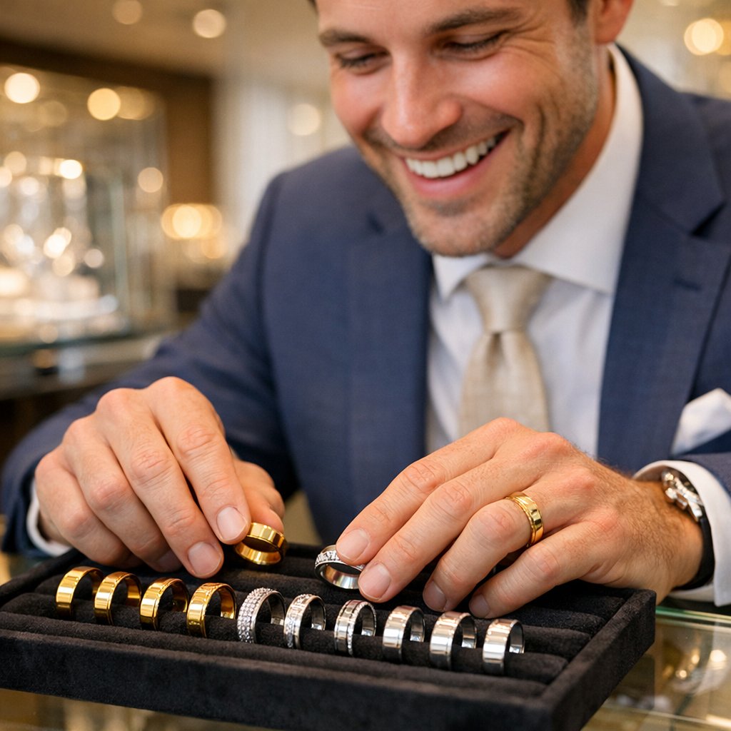 Close-up image of a man's hand wearing a sleek comfort fit wedding band, showing the rounded interior profile for optimal comfort.