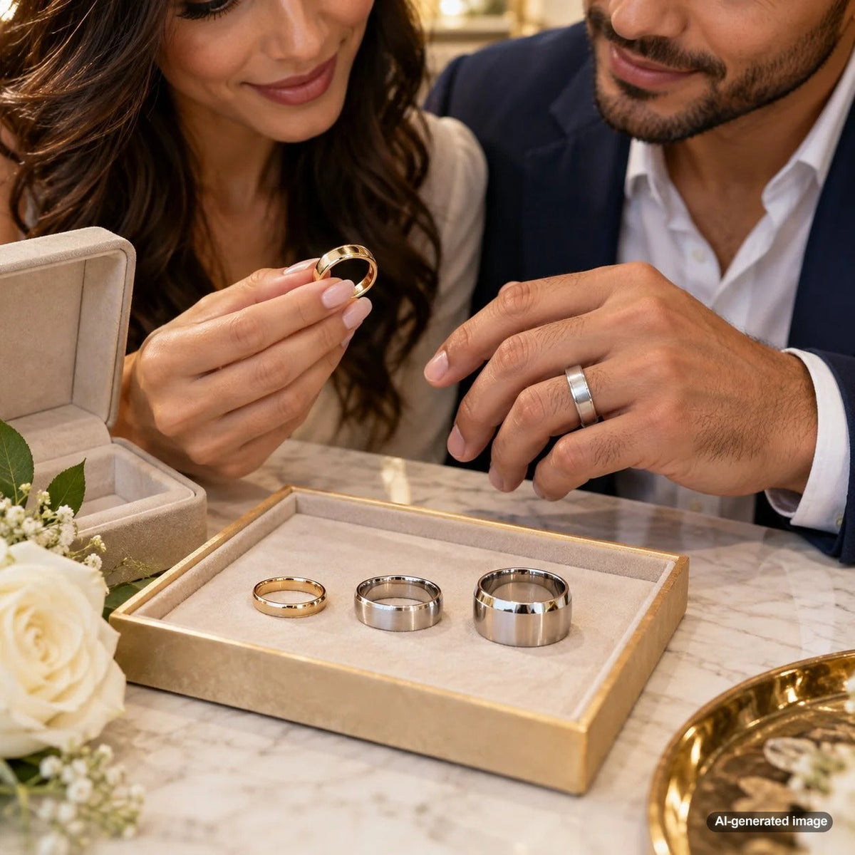 Men's wedding bands in different widths for small, medium, and large hands