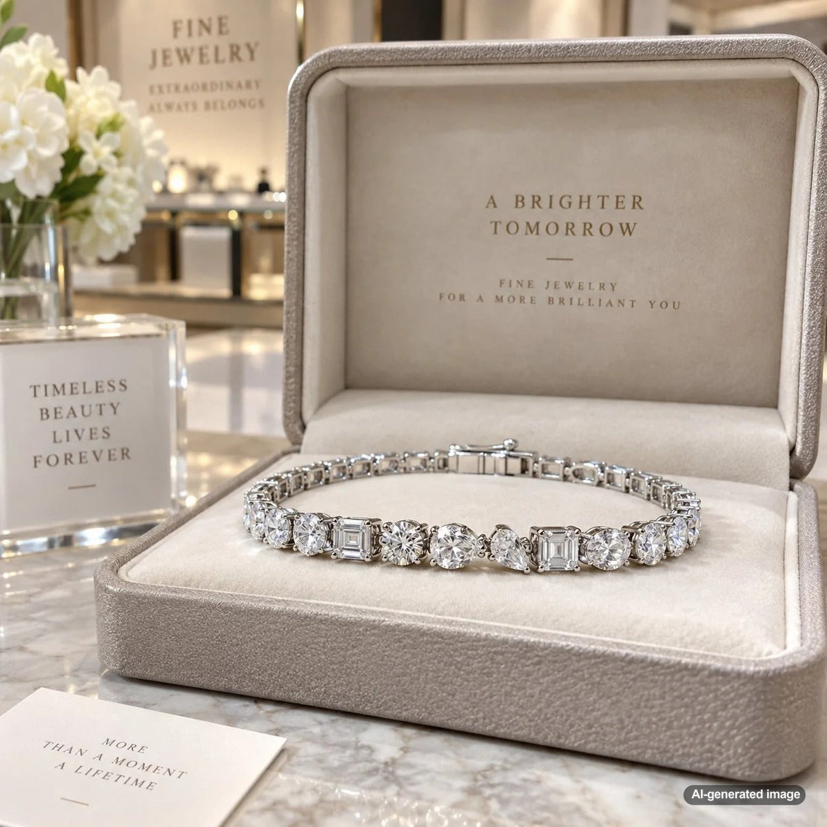 Mixed-shape diamond tennis bracelet featuring elegant fancy-shape diamonds in a timeless fine jewelry design