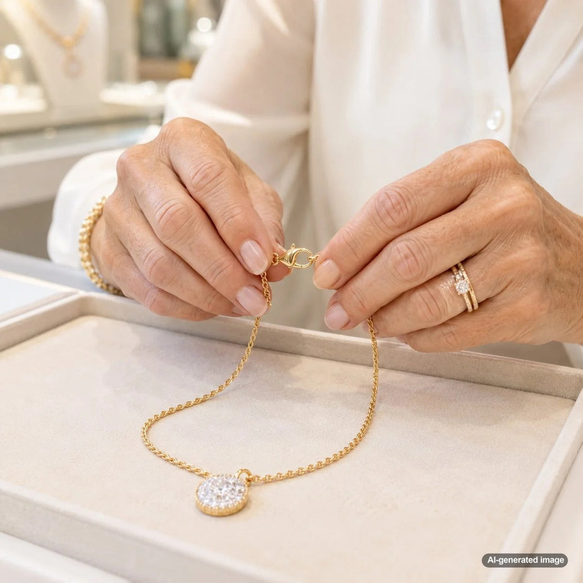 A detailed guide showing how to choose a necklace clasp that is easy to use, featuring various clasp types for fine jewelry.