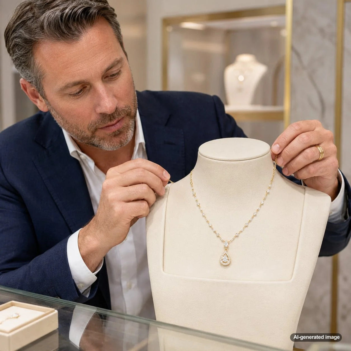 Elegant necklace styled with a square neckline for a polished jewelry look