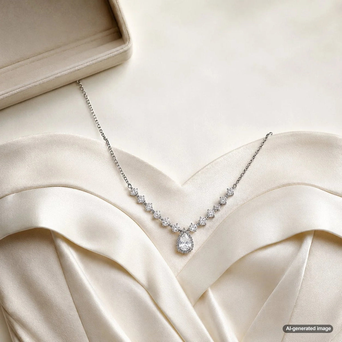 A woman wearing a stunning strapless dress and a beautiful necklace from Robinson's Jewelers, showcasing the perfect way to accessorize a bare neckline.