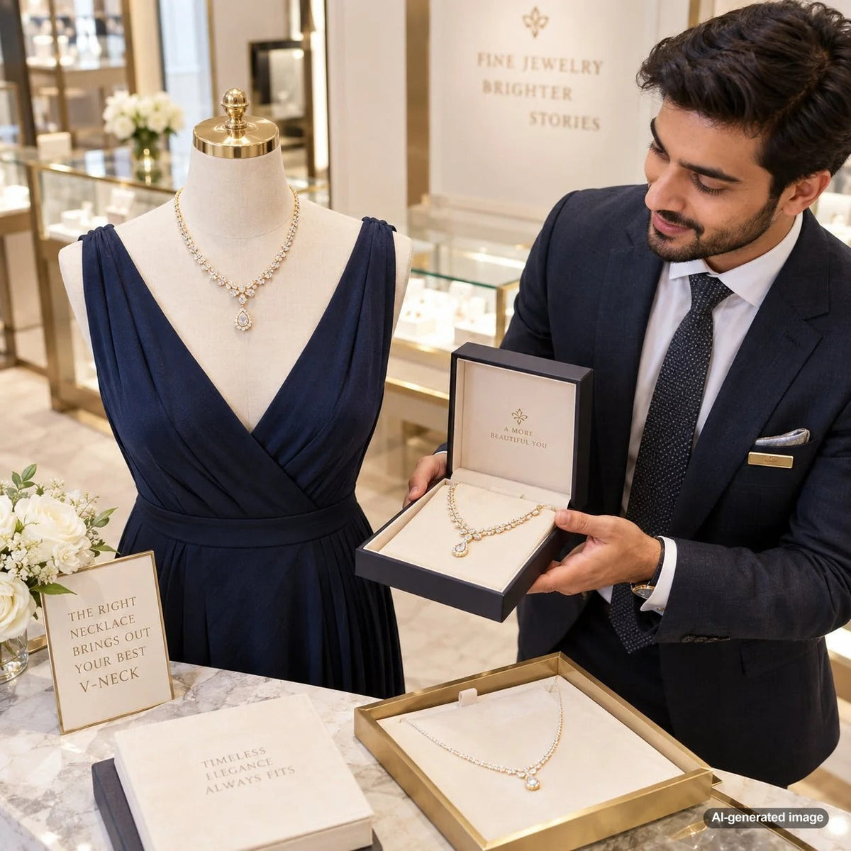 Elegant necklace styled with a V-neck dress for a polished fine jewelry look