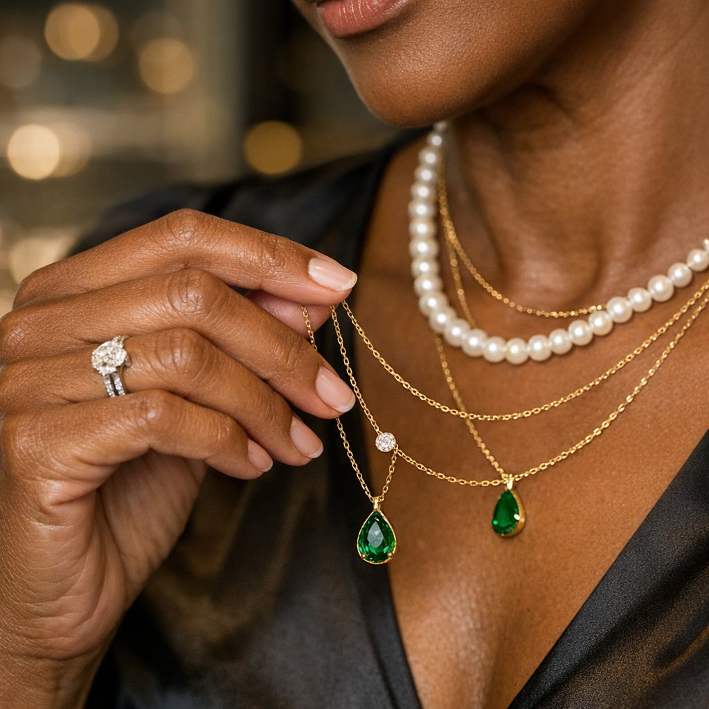 Three layered pearl and gold necklaces on a velvet display, showcasing how to style a necklace stack with pearls