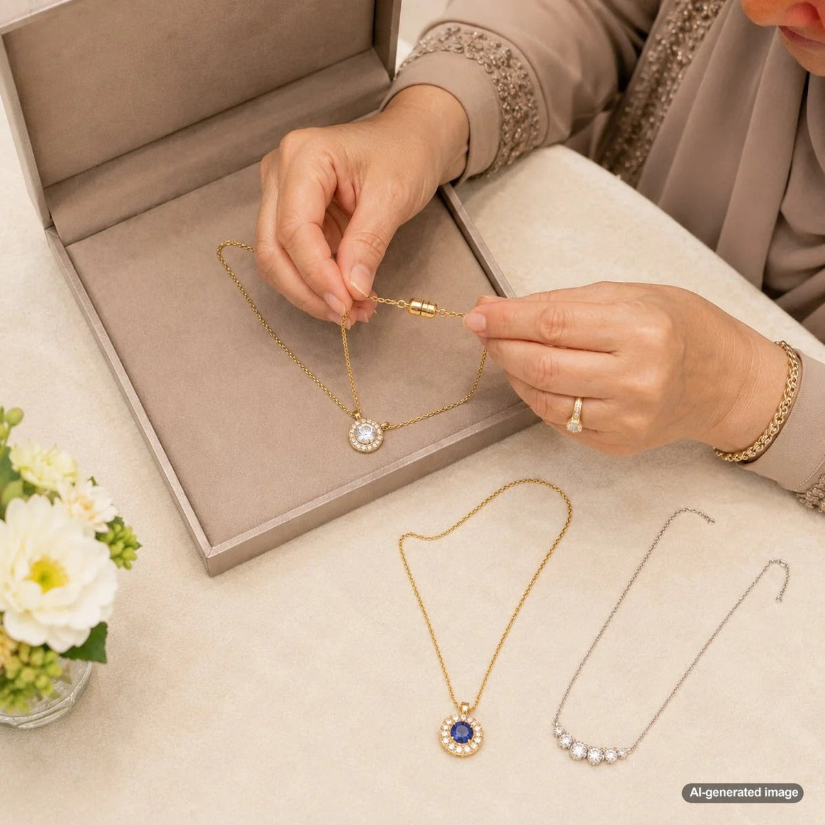 A woman easily putting on a necklace, showcasing a magnetic clasp designed for people with limited hand dexterity and arthritis.