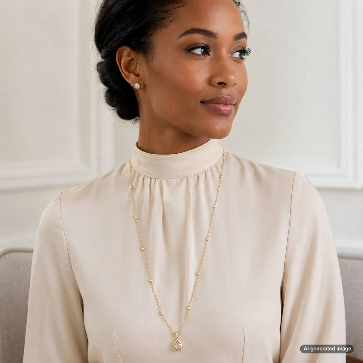 Styling guide showcasing how to choose the perfect necklace length for a high-neck dress featuring jewelry from Robinson's Jewelers.
