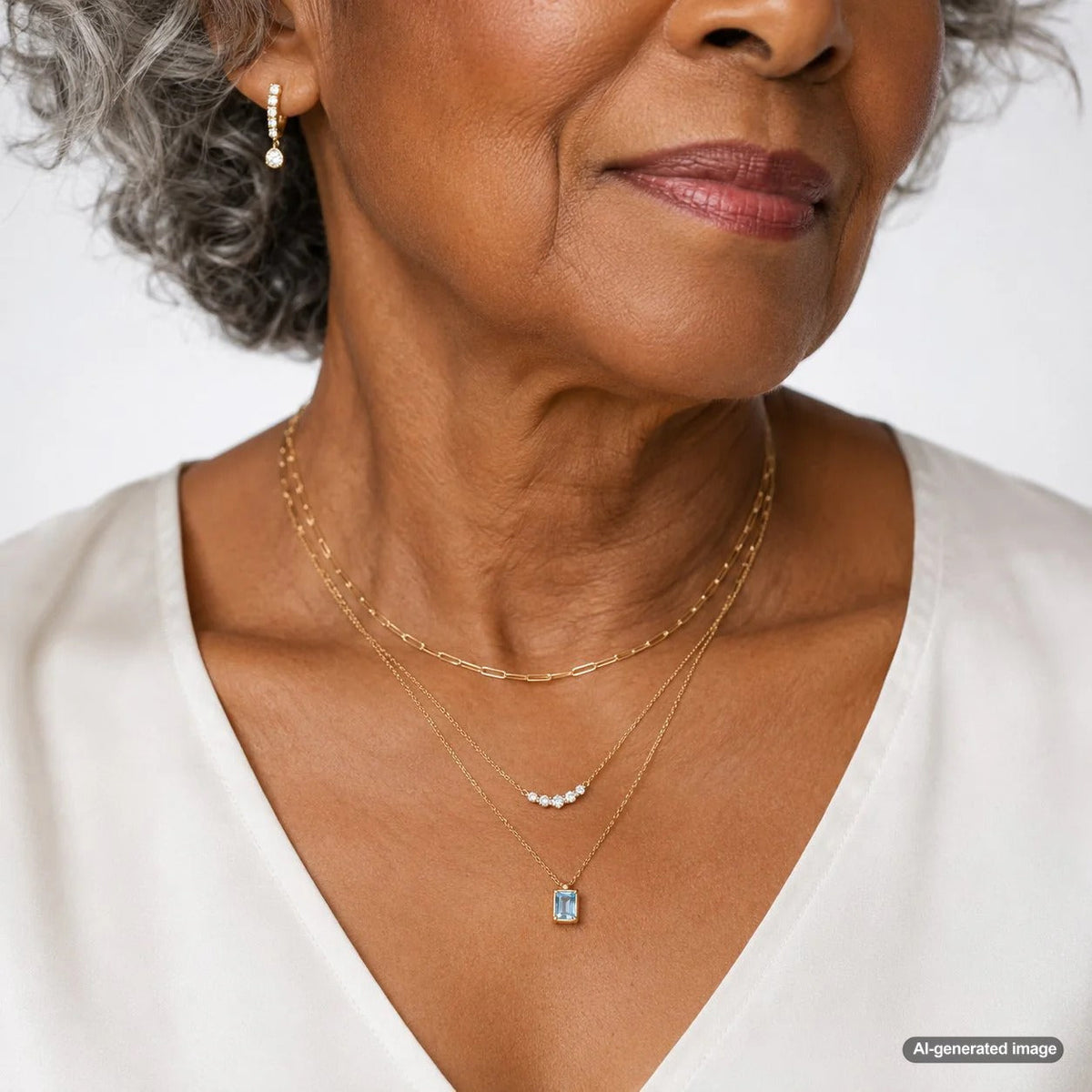 A stylish woman layering multiple gold and diamond necklaces for an everyday chic look, showcasing necklace stacking from Robinson's Jewelers.