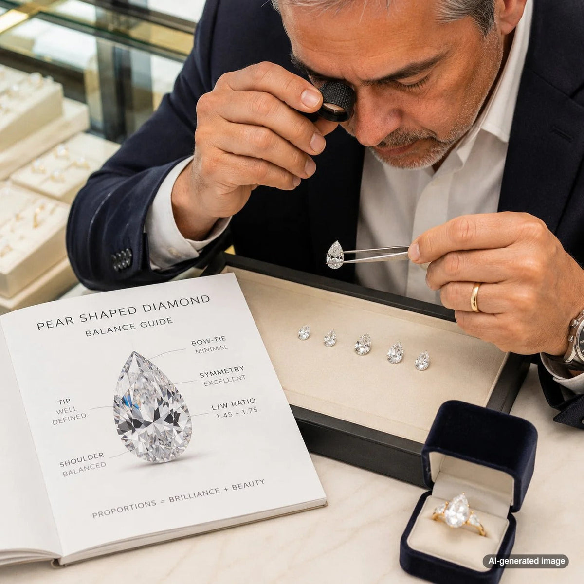 A perfectly balanced pear shaped diamond ring showcasing ideal teardrop proportions and symmetry