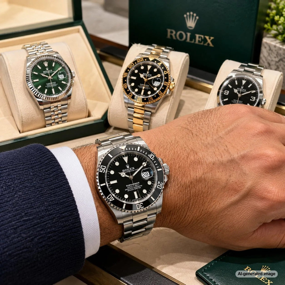 Pre-owned Rolex luxury wristwatch with a substantial case and metal bracelet, illustrating elegant watch proportions and fit for larger wrists