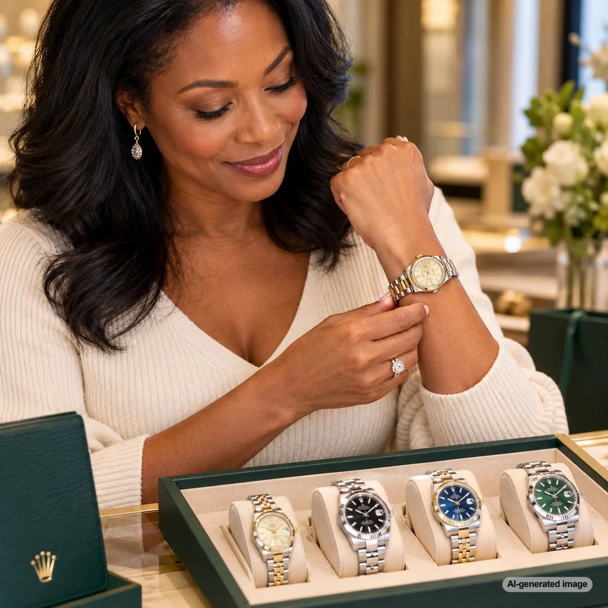 Pre-owned Rolex watch sized for a smaller wrist in an elegant fine jewelry setting