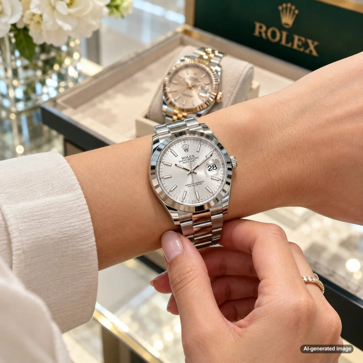Pre-owned Rolex with a larger modern case styled for a woman seeking a bold contemporary luxury watch
