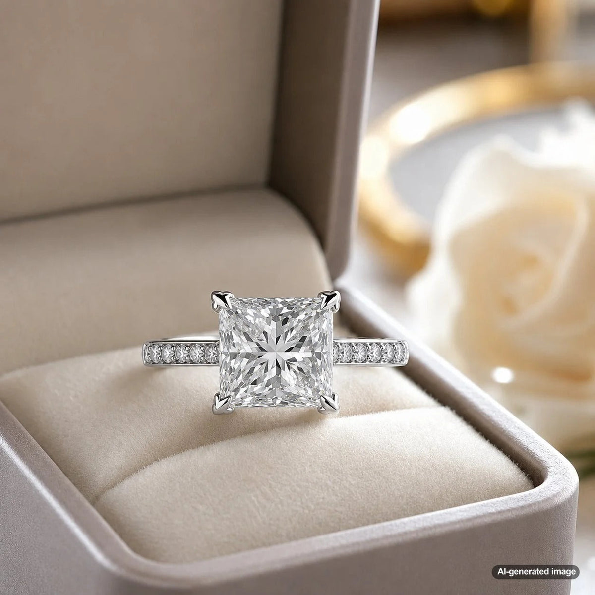 A close-up image of a beautifully set princess-cut diamond ring showcasing its brilliant sparkle and protective setting.