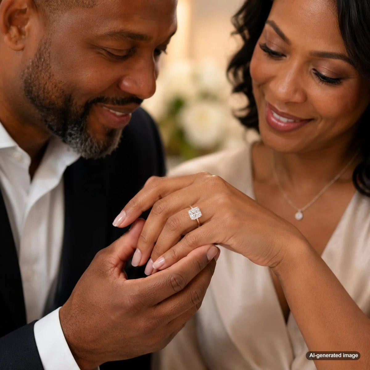 A stunning, detailed close-up of a radiant cut diamond engagement ring, showcasing its brilliant sparkle and unique cropped-corner shape against a soft, elegant background.