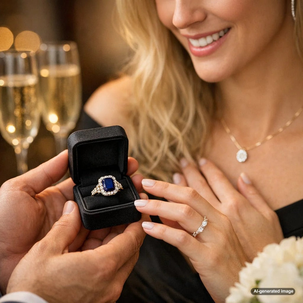 A stunning selection of right-hand rings including a large emerald cocktail ring, a diamond band, and a sapphire ring on a woman's hand, showcasing personal style and self-celebration.