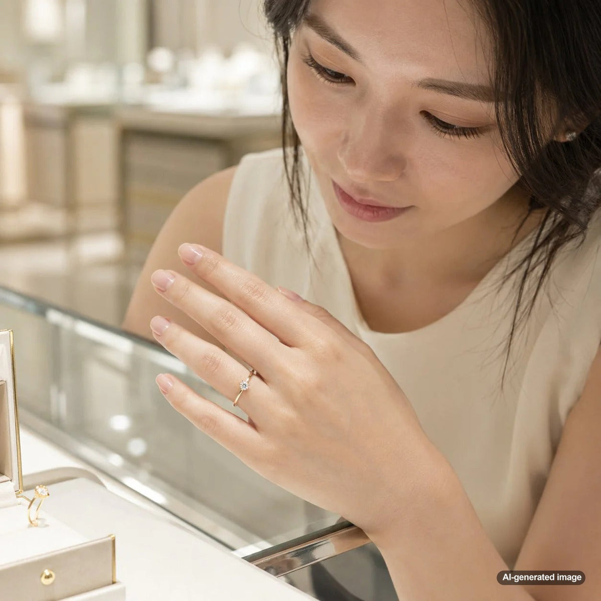A close-up image of a delicate, minimalist gold ring with a small diamond, representing the perfect simple jewelry piece for someone who prefers understated elegance from Robinson's Jewelers