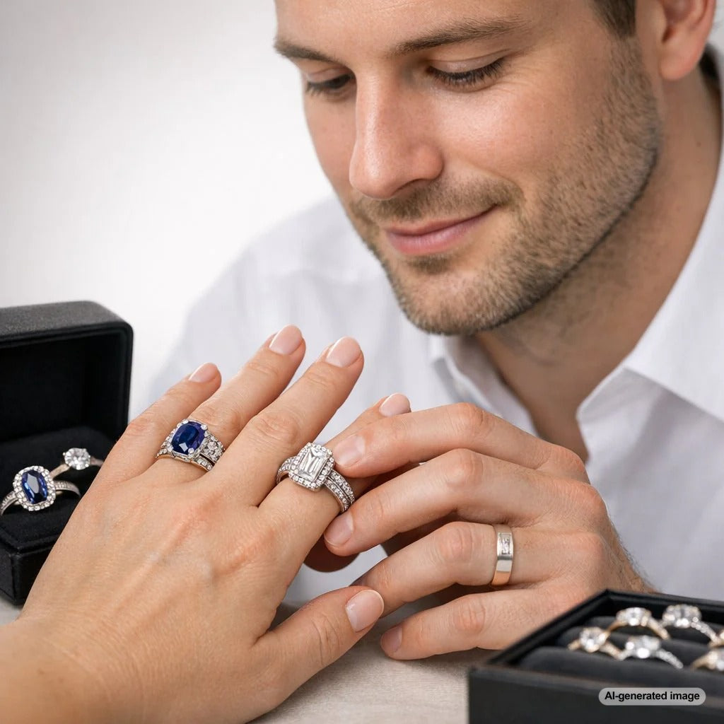 A woman with wide fingers gracefully modeling a chunky, emerald cut diamond ring from Robinson's Jewelers, demonstrating a perfect fit.