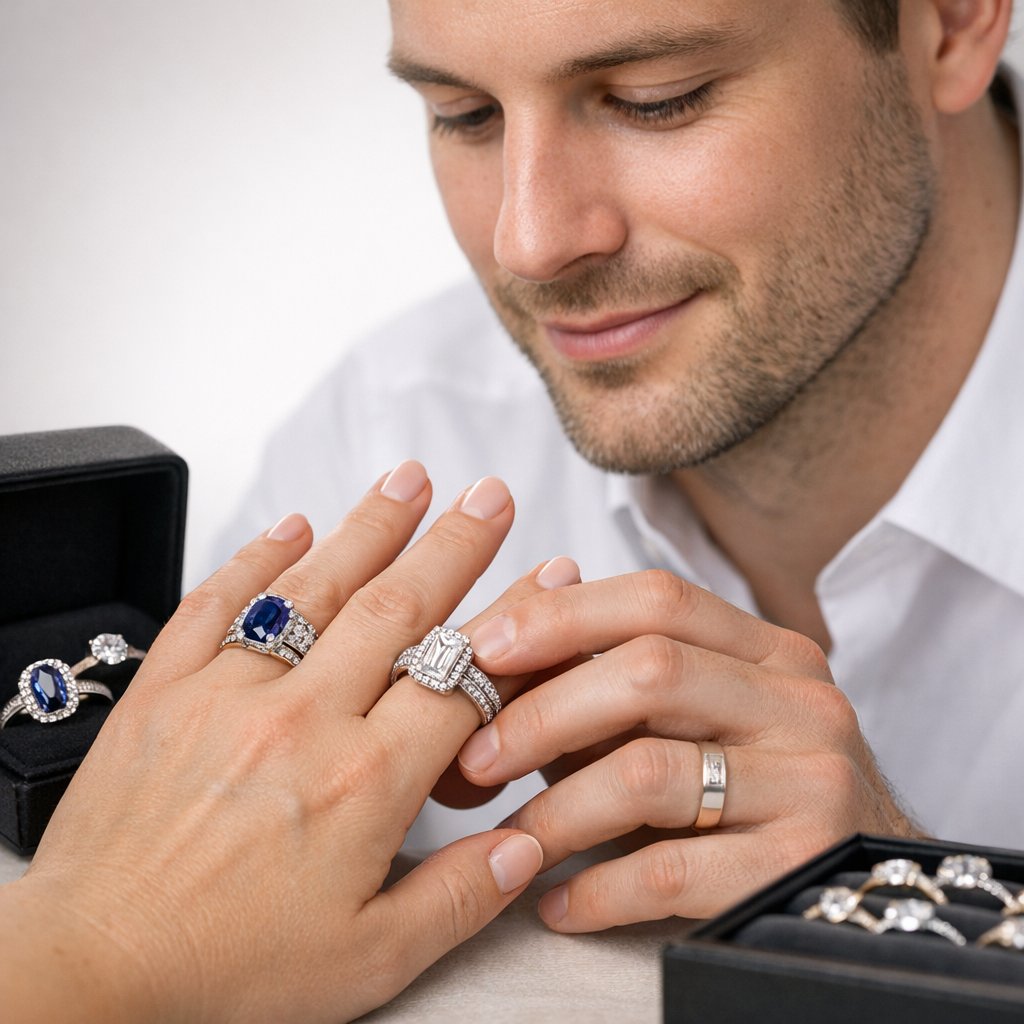 A woman with wide fingers gracefully modeling a chunky, emerald cut diamond ring from Robinson's Jewelers, demonstrating a perfect fit.