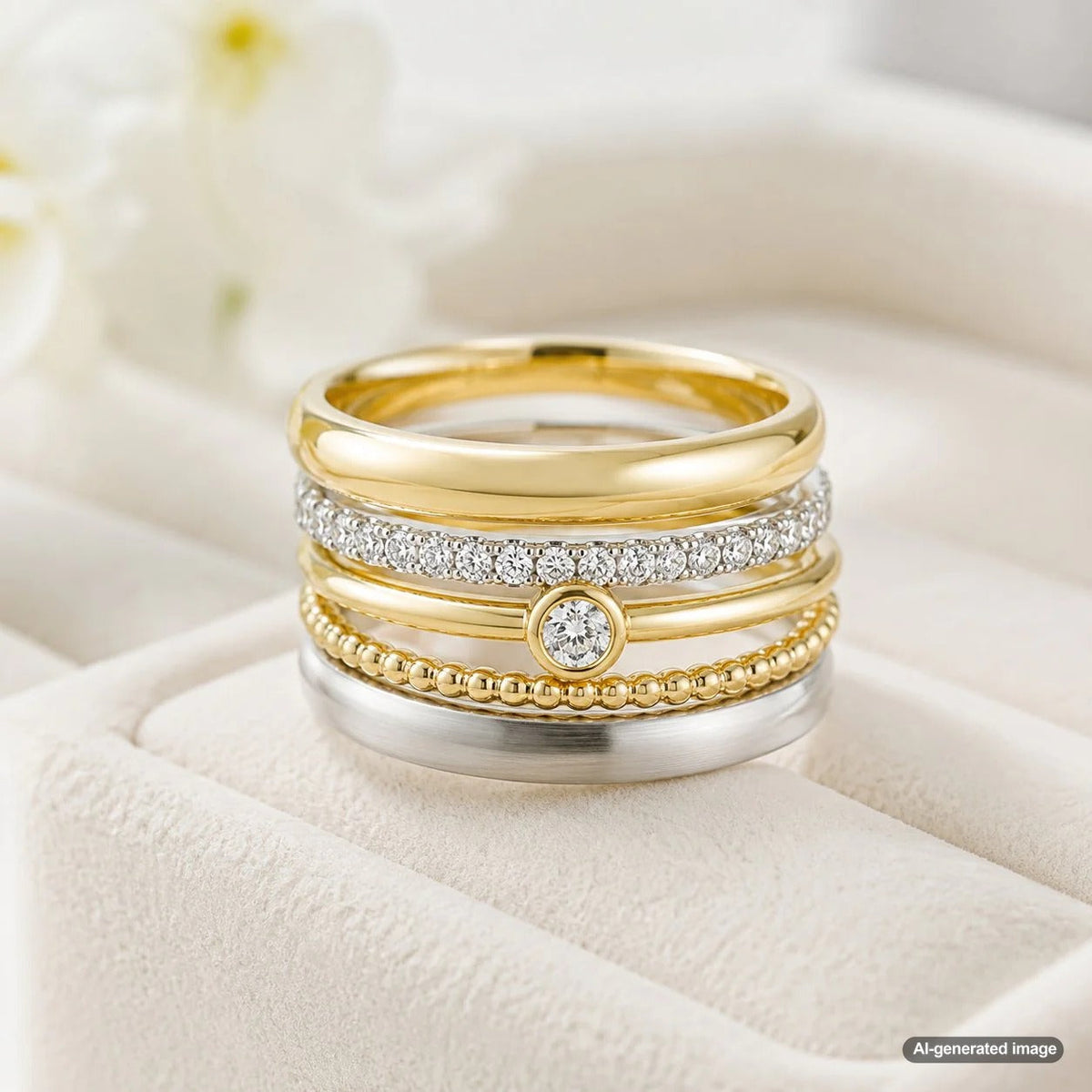 A curated stack of elegant gold and diamond rings, demonstrating how to style a beautiful ring stack without scratching the jewelry.