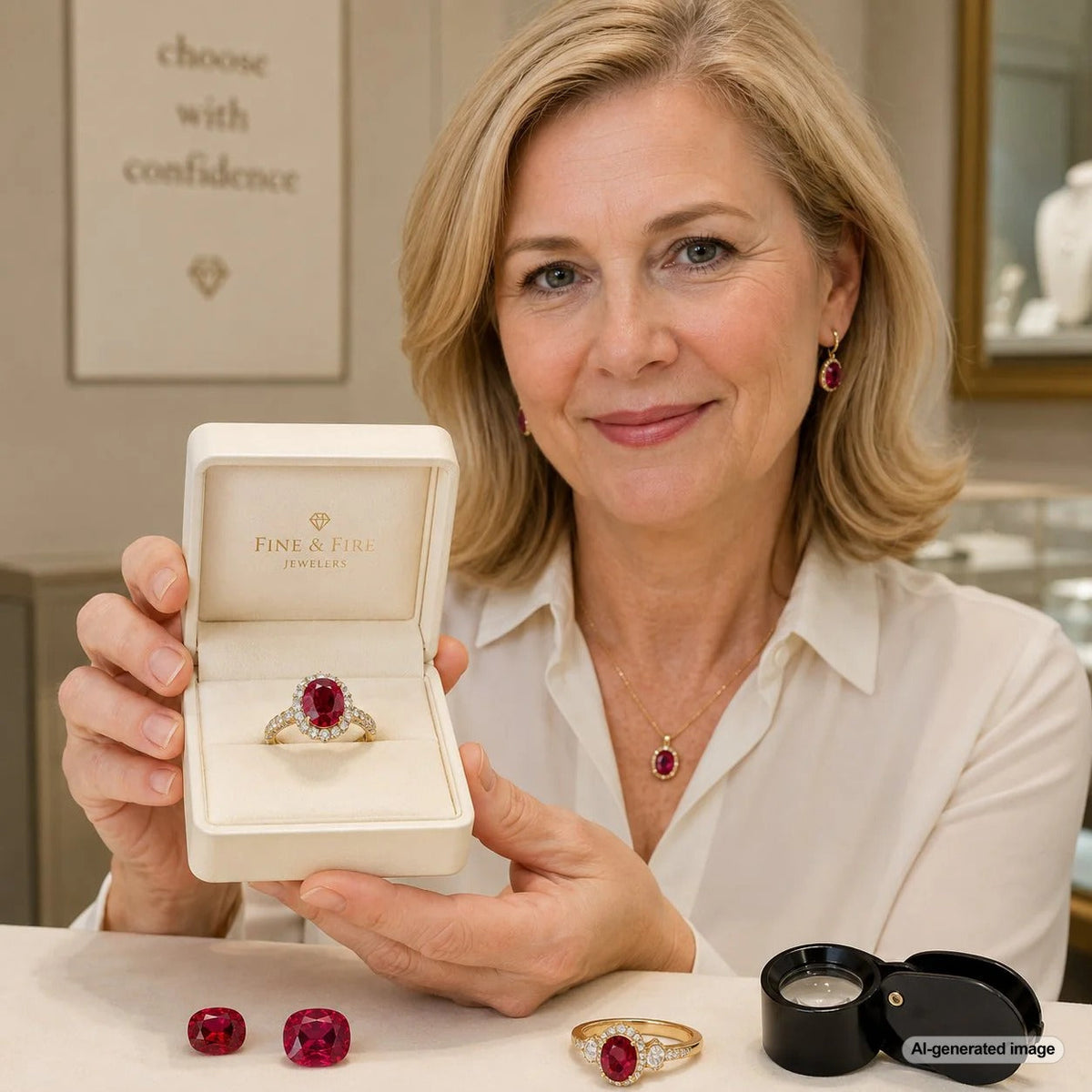A stunning showcase of ruby jewelry including rings and earrings from Robinson's Jewelers, illustrating the guide on choosing rubies based on color, clarity, and origin.