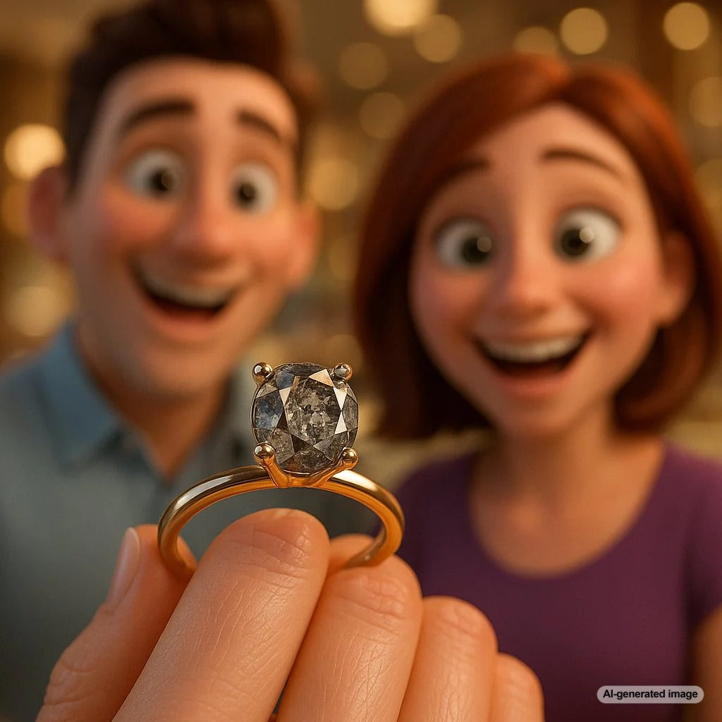 Unique salt and pepper diamond engagement ring showcasing beautiful inclusions and character