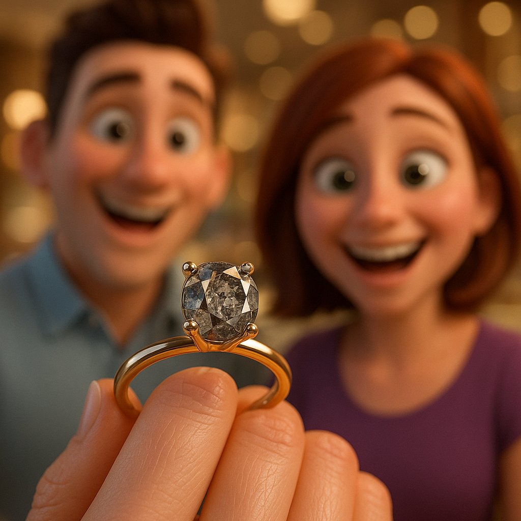 Unique salt and pepper diamond engagement ring showcasing beautiful inclusions and character