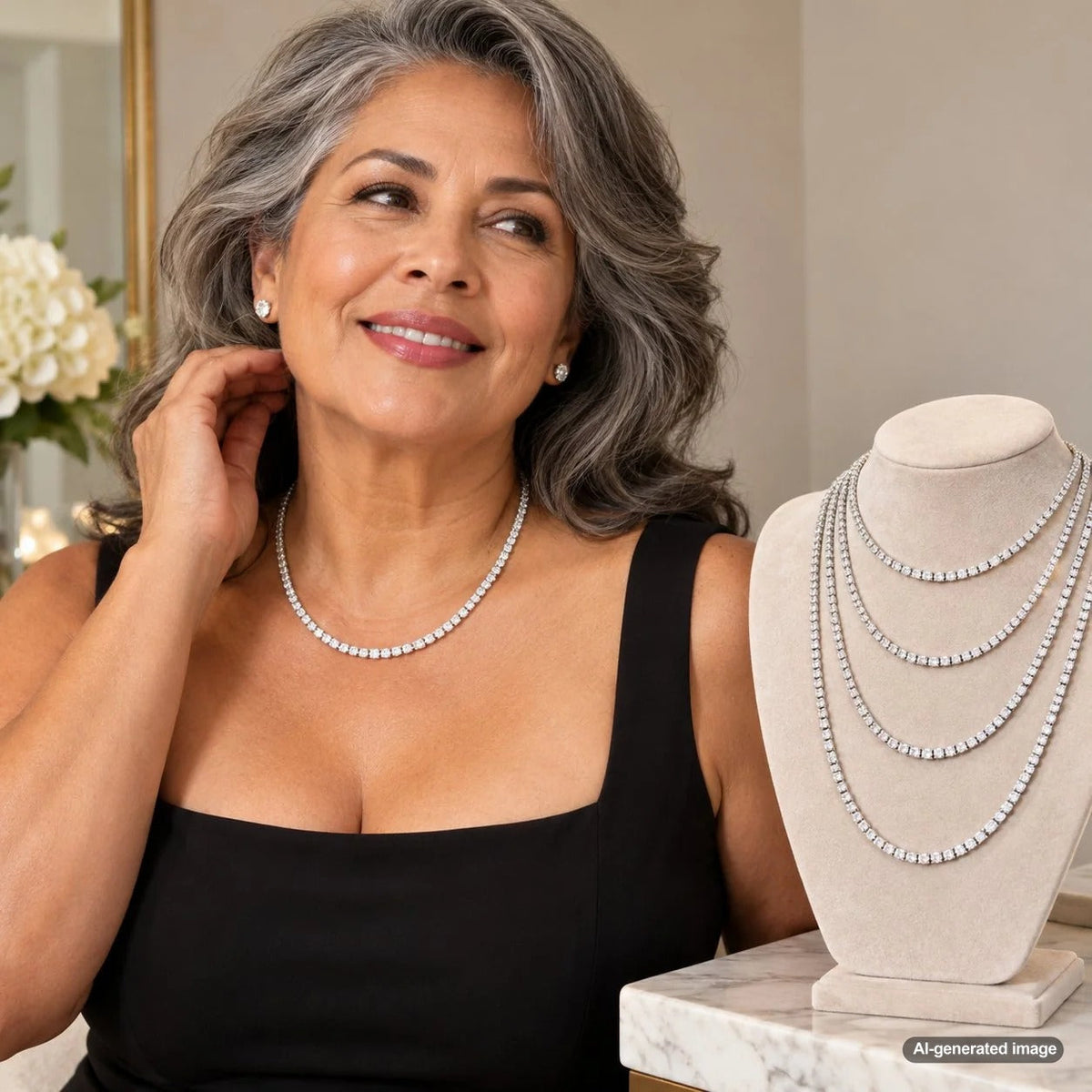 Elegant diamond tennis necklace illustrating how to choose a flattering necklace length for taller women and broader frames