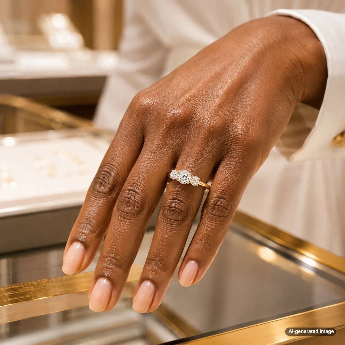Three-stone engagement ring with a prominent center diamond and proportionately balanced side stones