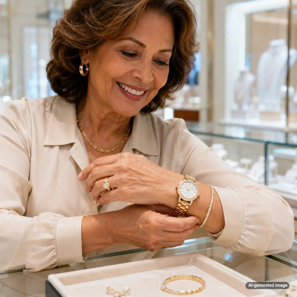 A stylish watch sparkling next to delicate diamond jewelry on a wrist at Robinson's Jewelers