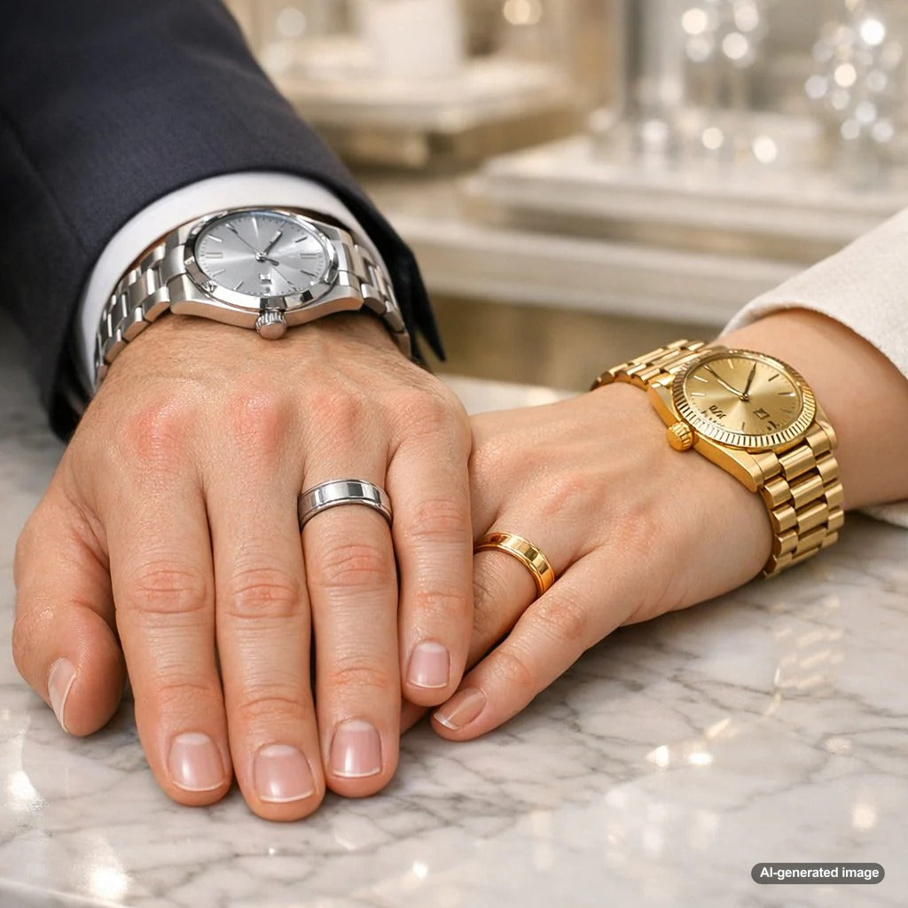 Close-up of a woman's hand wearing a brilliant diamond wedding set and a luxurious gold watch, beautifully coordinated.