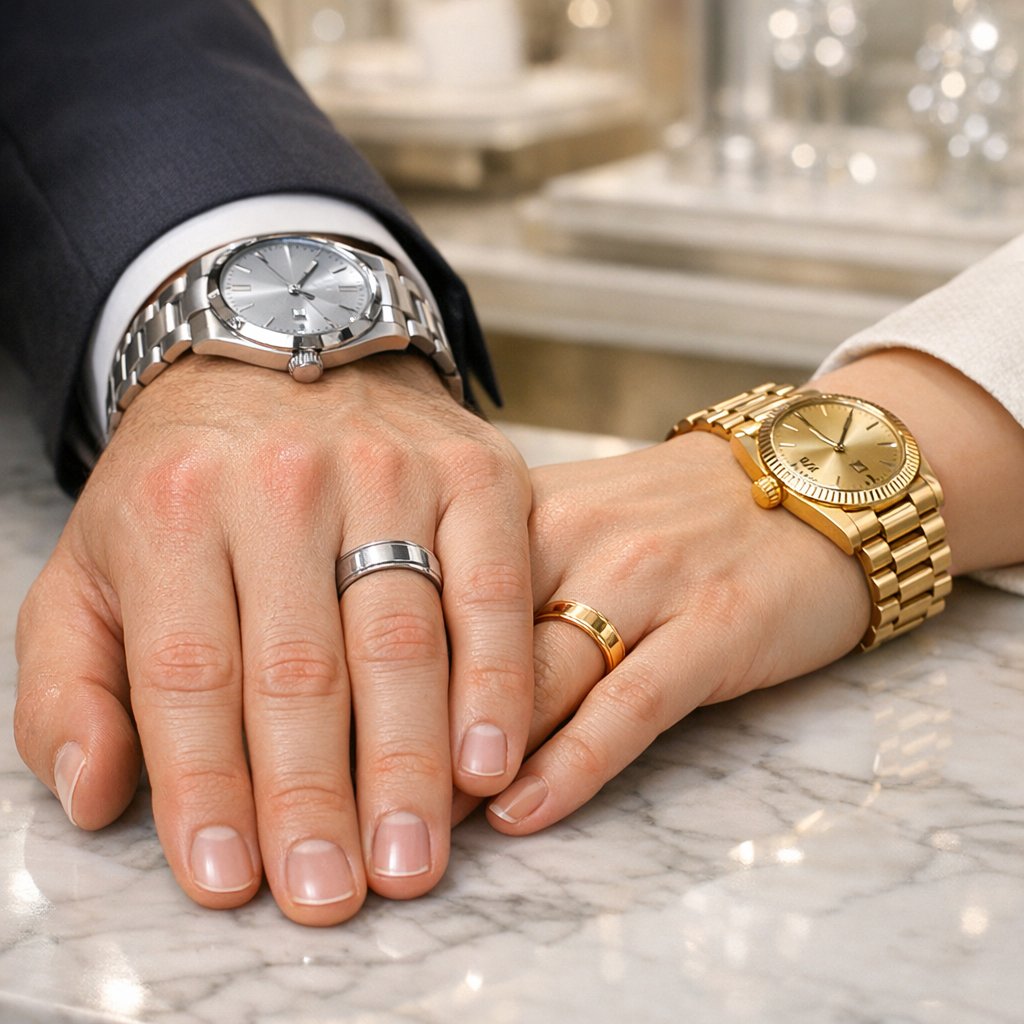Close-up of a woman's hand wearing a brilliant diamond wedding set and a luxurious gold watch, beautifully coordinated.