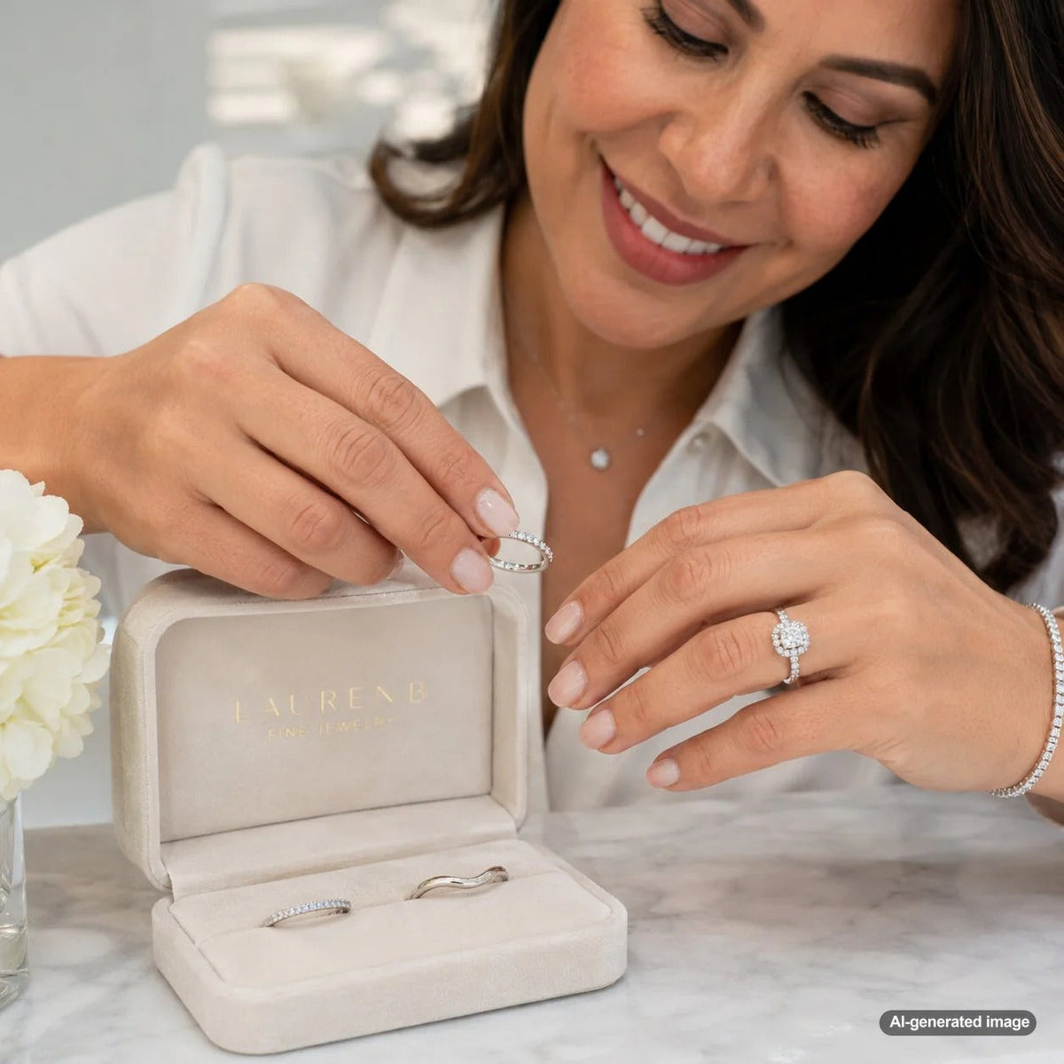 A stunning diamond halo engagement ring paired perfectly with a curved wedding band, showcasing a complete bridal set.